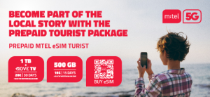Order an E sim for Montenegro and other destinations. Banner with image of a woman using her phone on a beach. Pricing options shown; 1TB of data for 20 Euros (30 days); 500 GB for 15 Euros (15 days)